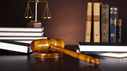 Scales of justice, gavel and books