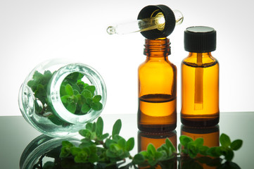 essential oil with oregano leaves