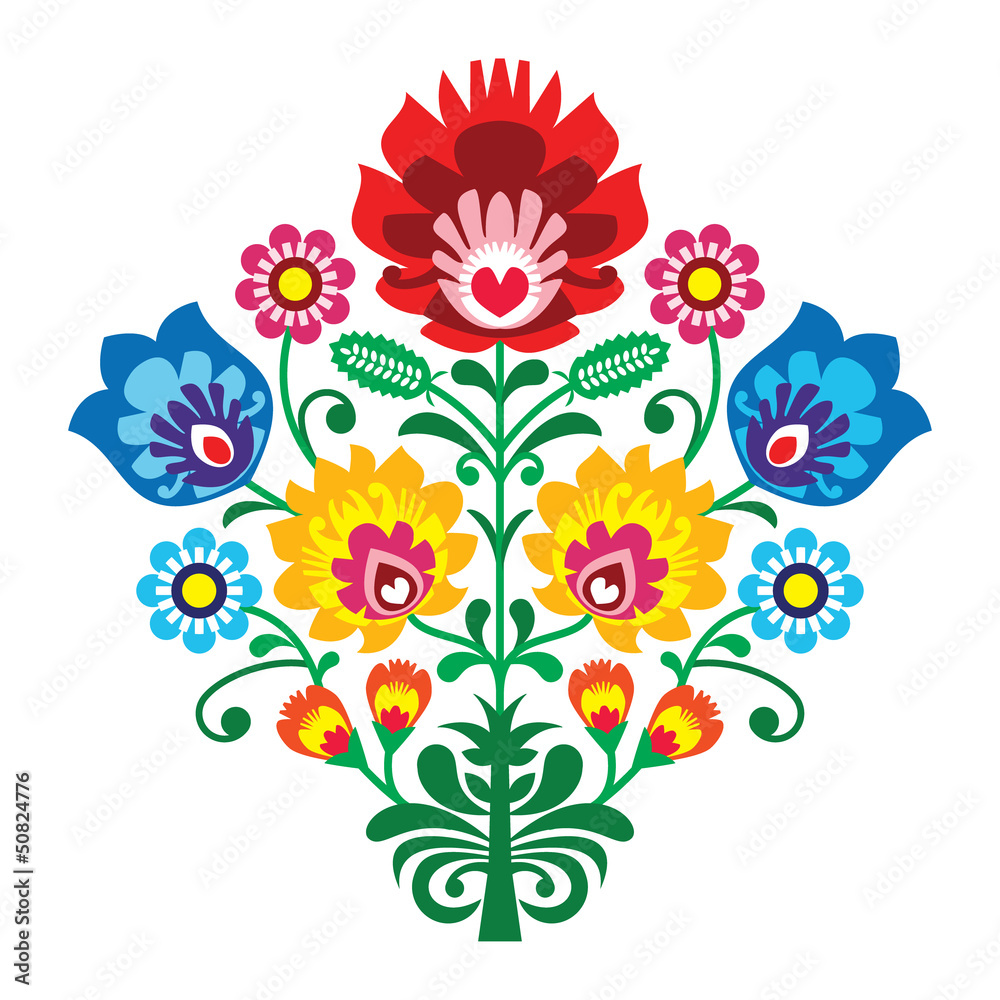 Folk embroidery with flowers - traditional polish pattern - obrazy, fototapety, plakaty 