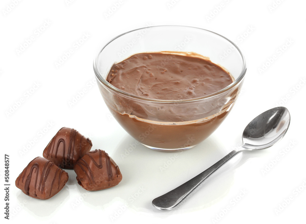 Bowl of chocolate and sweets isolated on white