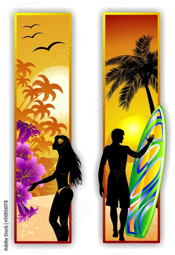 Naklejka dekoracyjna Surfer and Girl on Tropical Beach-Ragazza e Surfer al Mare