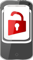 Poster - unlocked smartphone, red padlock, isolated on white background