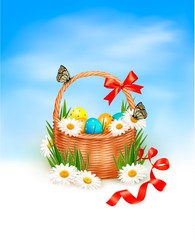 Fototapete - Easter background with Easter eggs with basket in the grass. Vec
