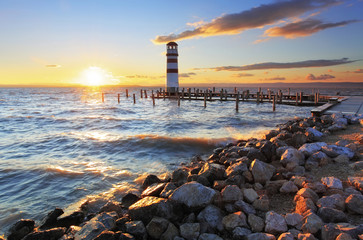 Wall Mural - Lighthouse at Lake Neusiedl at sunset - Austria