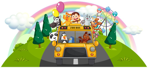 Wall Mural - A yellow zoo bus at the road