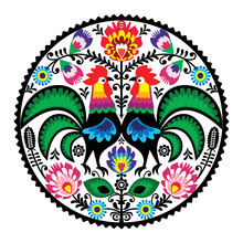 Polish Floral Embroidery With Roosters Folk Pattern