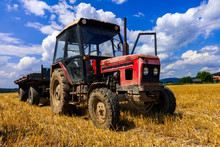 Red Old Tractor In Summer On Field