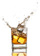 Whiskey glass with splash, isolated on white background