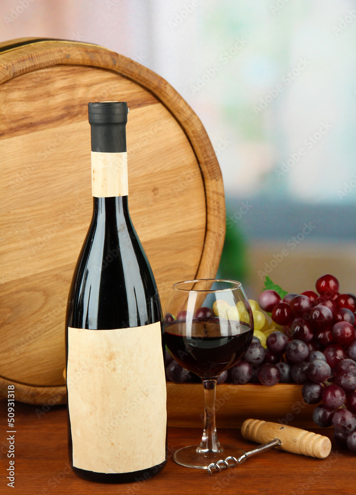 Composition of wine, wooden barrel and  grape,