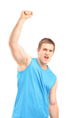 Sticker - Young euphoric sportsman with raised hand gesturing happiness