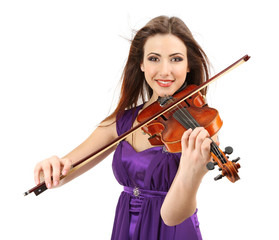 Wall Mural - Beautiful young girl with violin, isolated on white