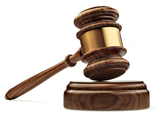 a wooden judge gavel and soundboard isolated on white background