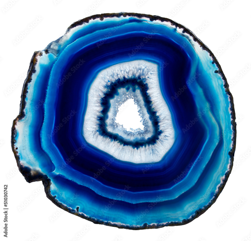Slice of blue agate crystal  on  white background - obrazy, fototapety, plakaty 