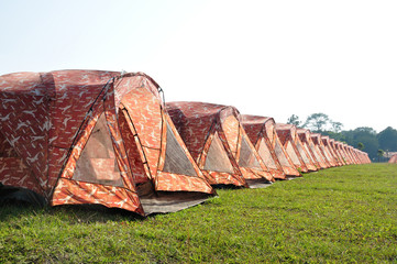 Camouflage tents arrange in a row for tourist at Phukradueng Nat