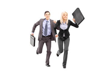 Poster - Full length portrait of a businesspeople with briefcases running