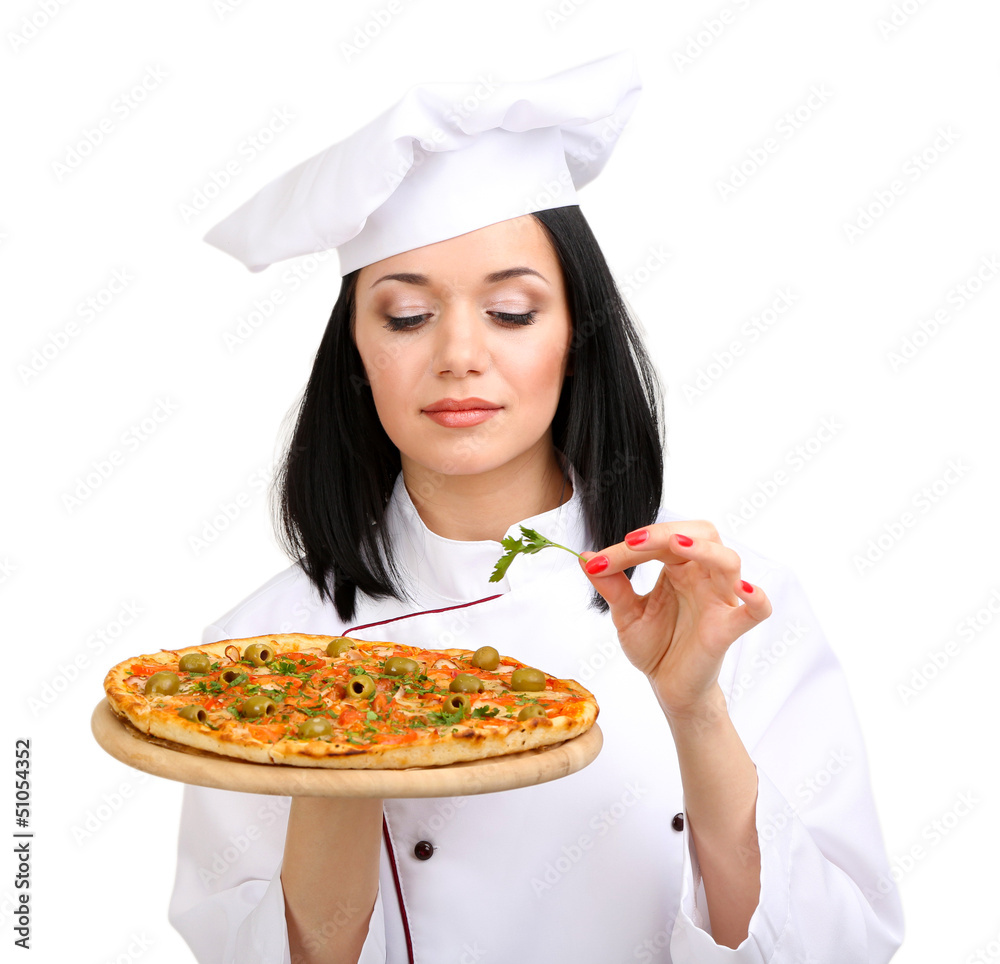 Beautiful girl chief-cooker with pizza isolated on white