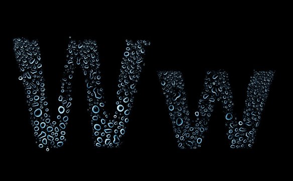 Water drops alphabet letter w, isolated black