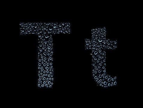 Water drops alphabet letter t, isolated black