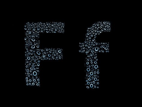Water drops alphabet letter f, isolated black