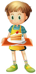 Wall Mural - A boy holding a tray with a slice of cake in a plate