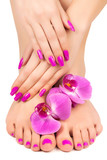 pink manicure and pedicure with a orchid flower