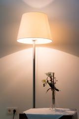 illuminated lamp in front of wall with flower on table