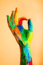 Painted Hand With OK Sign, Colorful Fun.