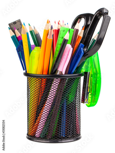 Fotografie, Obraz Office cup with scissors, pencils and pens