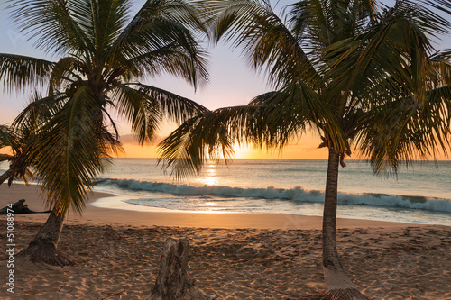 Naklejka dekoracyjna sunset beach palm trees waves