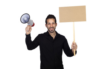 Wall Mural - Young businessman with a Megaphone and a poster proclaiming some