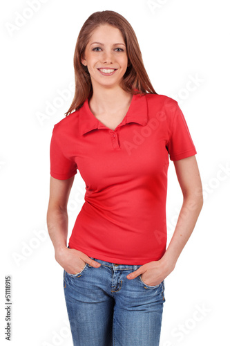 red shirt and blue jeans