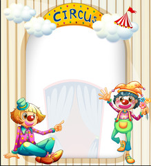 Poster - A circus entrance with a male and a female clown