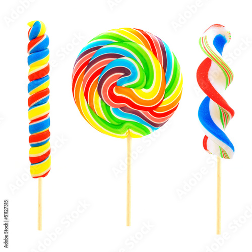 Three unique lollipop candies isolated on white Poster