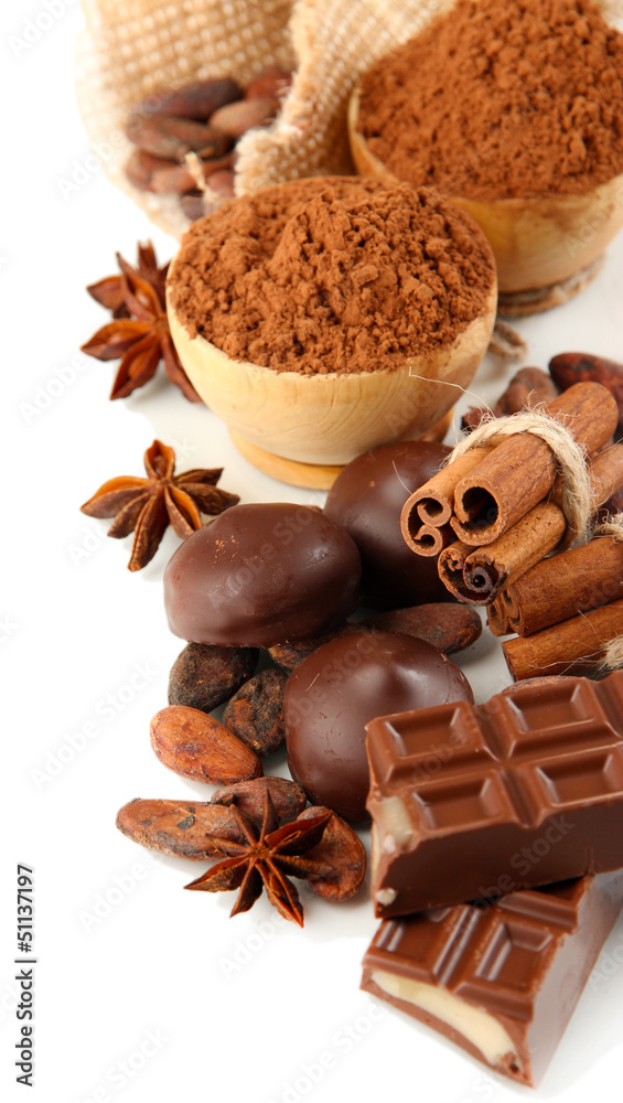 Composition of chocolate sweets, cocoa and spices, isolated