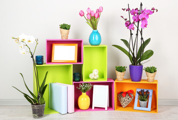 Wall Mural - Beautiful colorful shelves with different home related objects