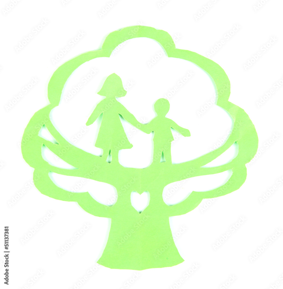 Green cut out paper tree with people inside, isolated on white