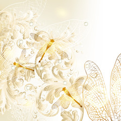 Poster - Elegant wedding floral background with ornament and dragonfly