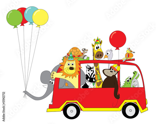 Fototapeta na wymiar Happy animals with balloons on the bus