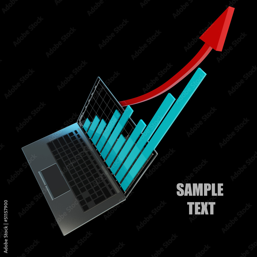 3d laptop with graph and red arrow isolated on black background. High ...