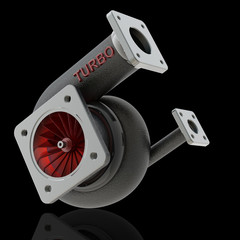 Wall Mural - steel turbocharger isolated on a black background. High resolution 3d render