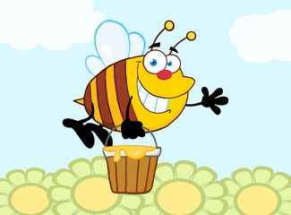 Bee Flying With A Honey Bucket And Waving For Greeting