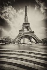 Canvas Print - Paris. Eiffel Tower with Stairs to Seine River. Black and White