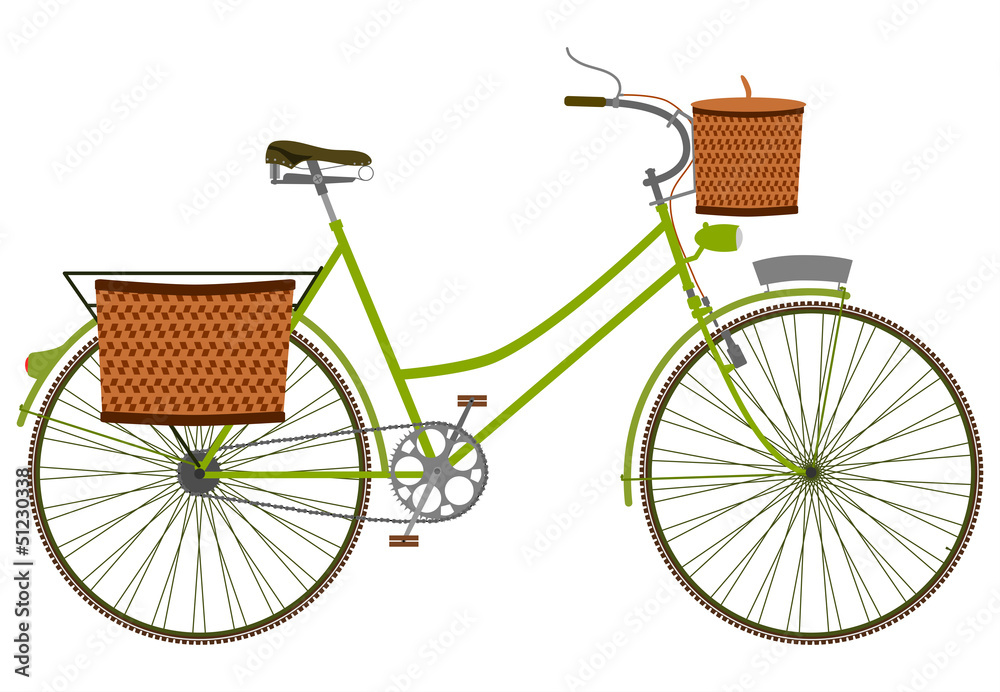 Sylwetka klasycznego roweru damskiego z koszykiem wiklinowym. - obrazy, fototapety, plakaty 