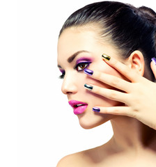 Wall Mural - Beauty Makeup. Purple Make-up and Colorful Bright Nails