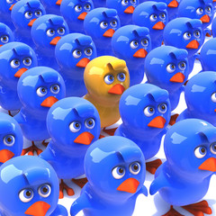 Poster - Little yellow chick stands out in crowd of bluebirds