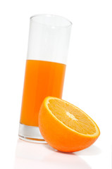 Glass with juice and orange isolated on white background