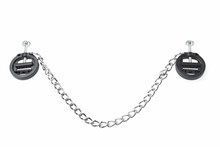 Black Fetish Nipple Clamps With Chain Isolated On White Backgrou