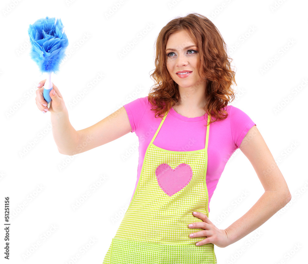 Young woman wearing apron with brush isolated on white