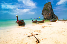 Tropical Beach Landscape. Thai Traditional Long Tail Boat
