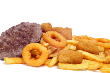 Poster - spanish fattening food: burgers, croquettes, calamares and frenc